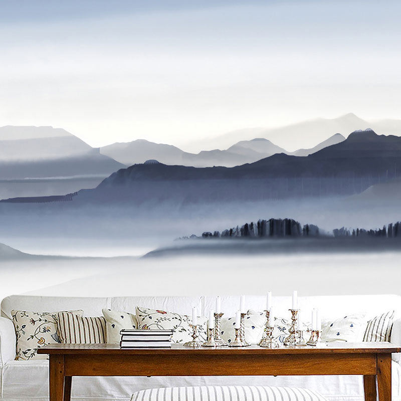 Blue and Grey Minimalist Mural Wallpaper Full Size Mountain Wall Covering for Accent Wall