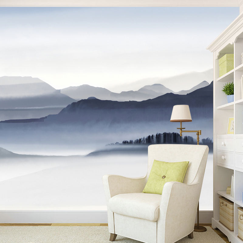Blue and Grey Minimalist Mural Wallpaper Full Size Mountain Wall Covering for Accent Wall