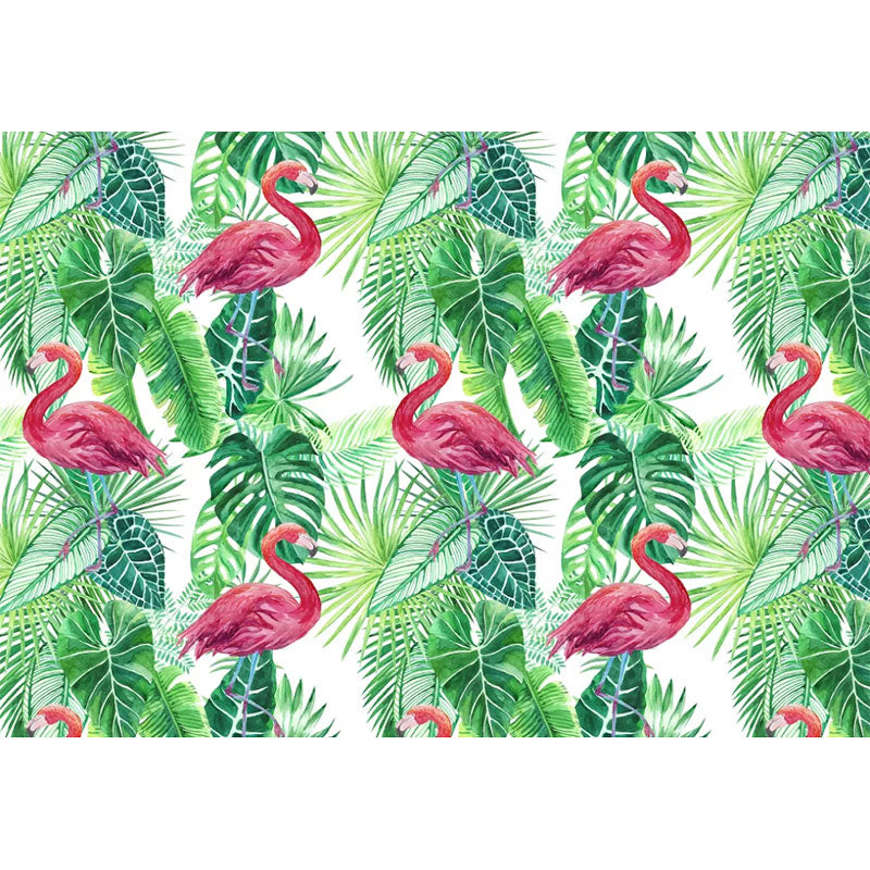 Tropical Leaves and Flamingo Mural Wallpaper for Home Decor, Pink and Green, Personalized Size Available