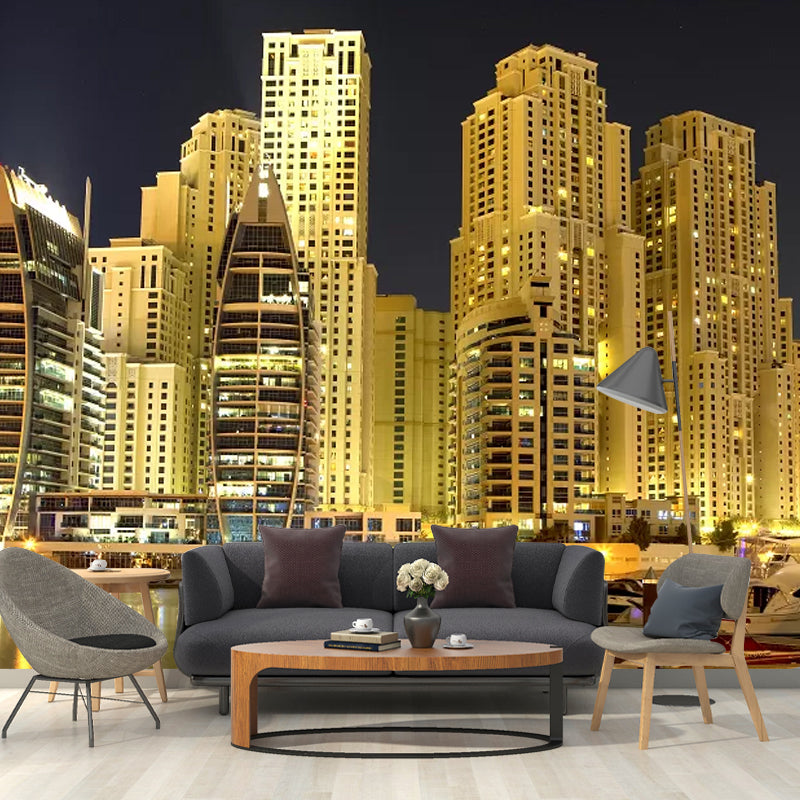 Brown and Gold Skyscrapers Mural Wallpaper Stain-Resistant Wall Decor for Meeting Room