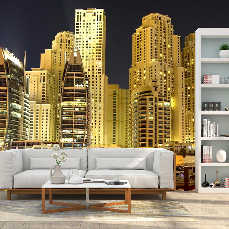 Brown and Gold Skyscrapers Mural Wallpaper Stain-Resistant Wall Decor for Meeting Room