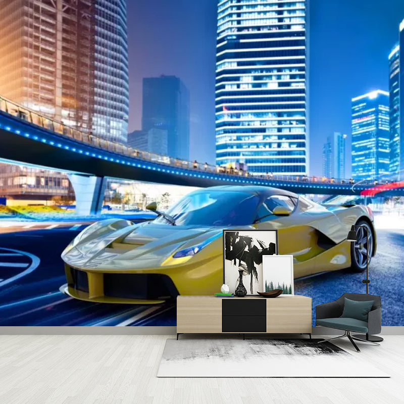 Photography Car and City Mural in Blue and Yellow Non-Woven Wall Covering for Home Decoration, Made to Measure