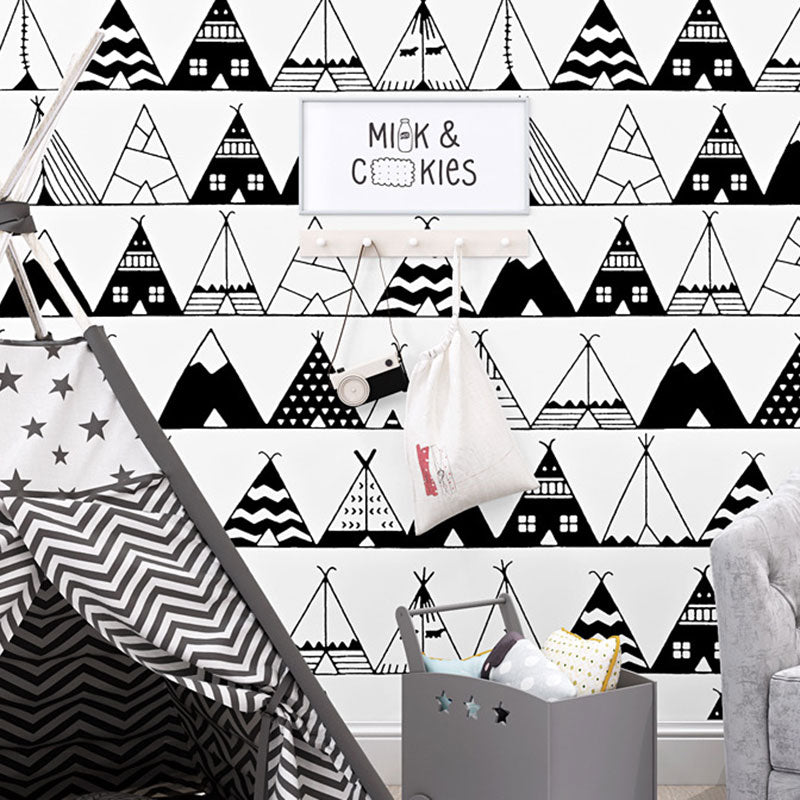 33' x 20.5" Triangle Wallpaper for Living Room Decoration Geometries Wall Covering in Black and White, Water-Resistant