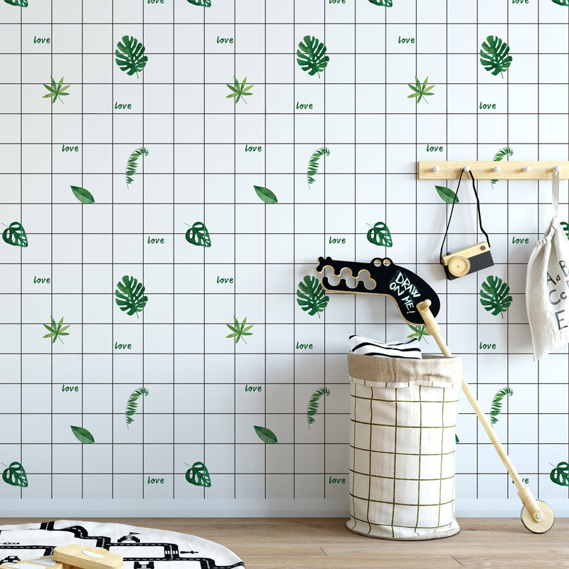 Simplicity Wall Covering Soft Green Leaves and Grid Wallpaper, 32.3 sq ft., Easy to Remove
