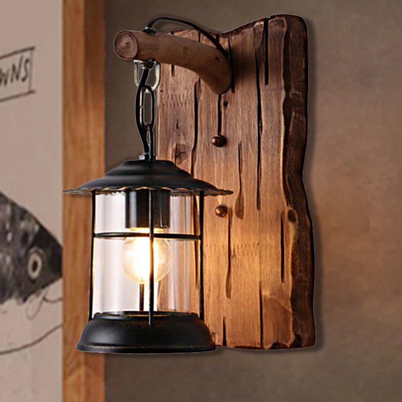 Kerosene Dining Room Wall Lighting Fixture Antiqued Clear Glass 1-Head Brown Sconce with Wood Leaf/Key Backplate