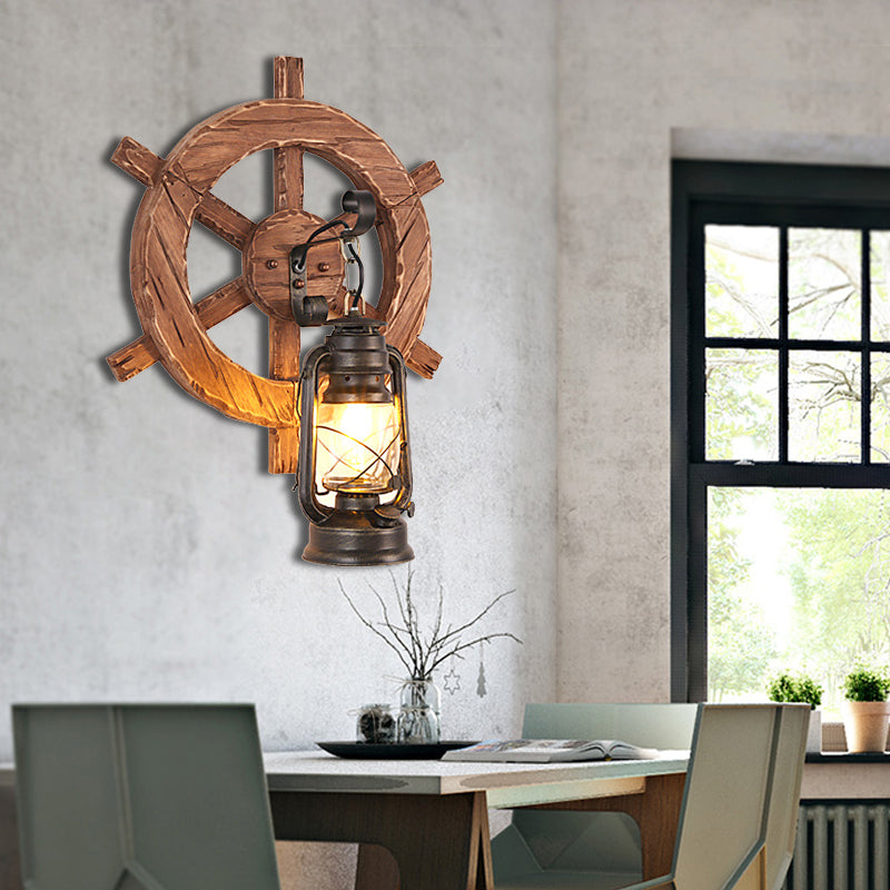 Kerosene Dining Room Wall Lighting Fixture Antiqued Clear Glass 1-Head Brown Sconce with Wood Leaf/Key Backplate