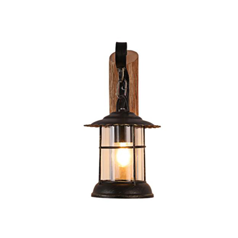 Kerosene Dining Room Wall Lighting Fixture Antiqued Clear Glass 1-Head Brown Sconce with Wood Leaf/Key Backplate