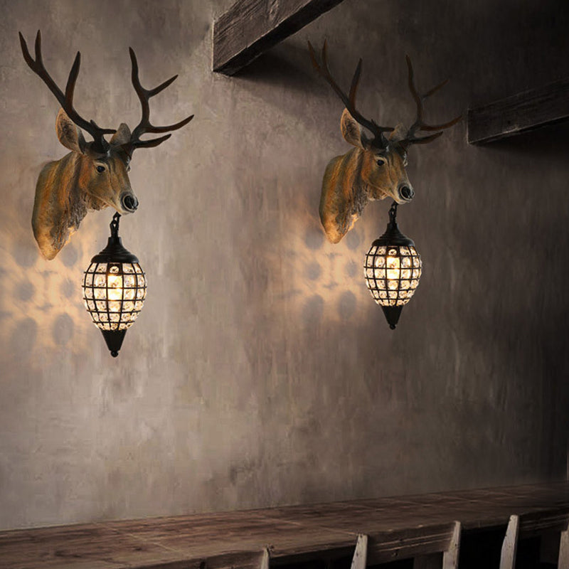 Farmhouse Deer Head Wall Lamp Single-Bulb Resin Sconce Lighting in Brown/Gold with Crystal Shade