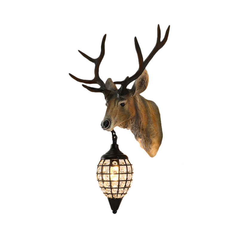 Farmhouse Deer Head Wall Lamp Single-Bulb Resin Sconce Lighting in Brown/Gold with Crystal Shade