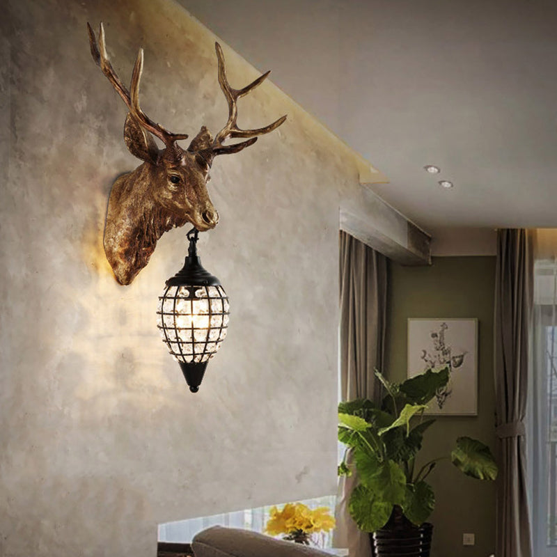 Farmhouse Deer Head Wall Lamp Single-Bulb Resin Sconce Lighting in Brown/Gold with Crystal Shade
