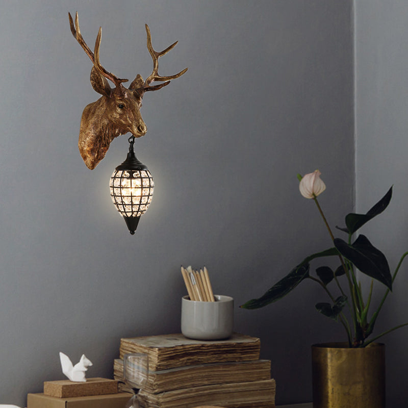 Farmhouse Deer Head Wall Lamp Single-Bulb Resin Sconce Lighting in Brown/Gold with Crystal Shade