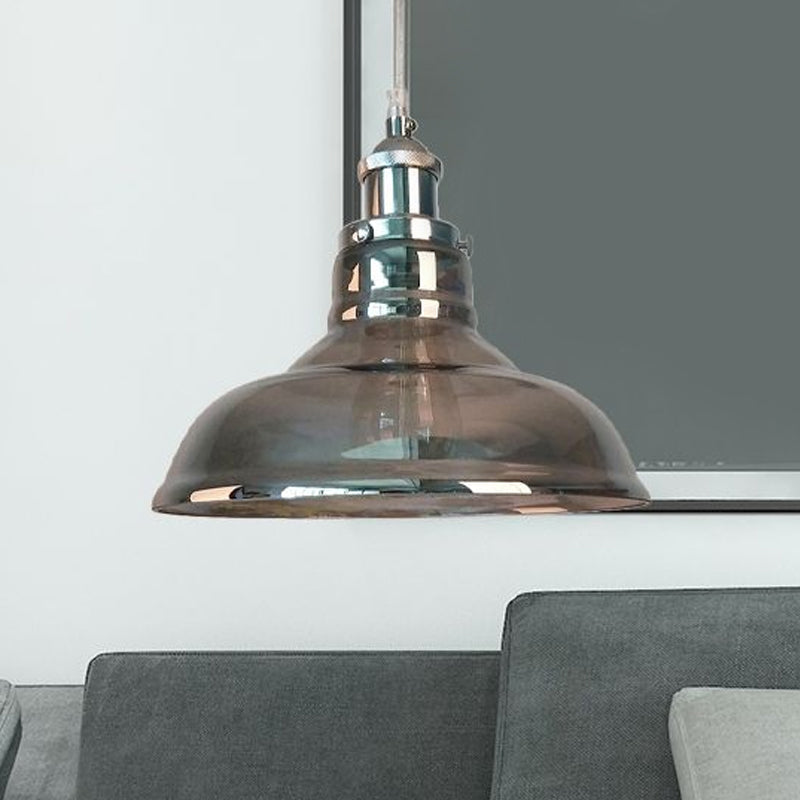 Industrial Cone/Barn Pendant Lamp 1 Light Smoked Glass Hanging Light Fixture in Chrome