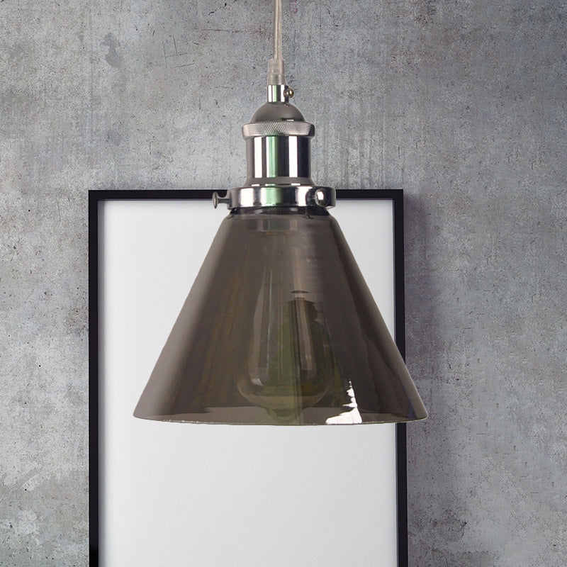 Industrial Cone/Barn Pendant Lamp 1 Light Smoked Glass Hanging Light Fixture in Chrome