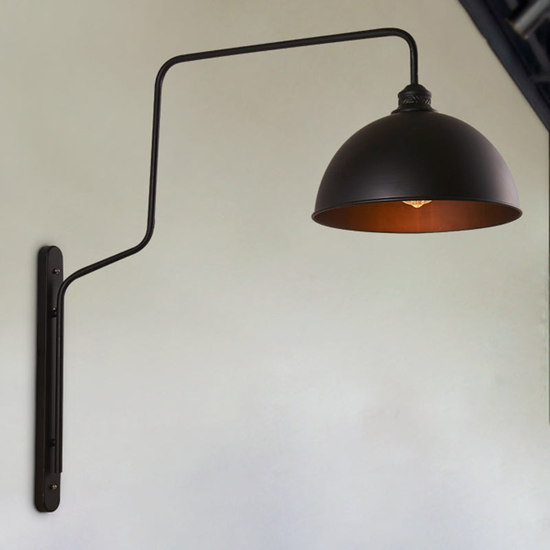 Luz de pared en forma de tazón de 1 cabeza de pared vintage Black Finish Metal Lighting con brazo curvo para restaurante