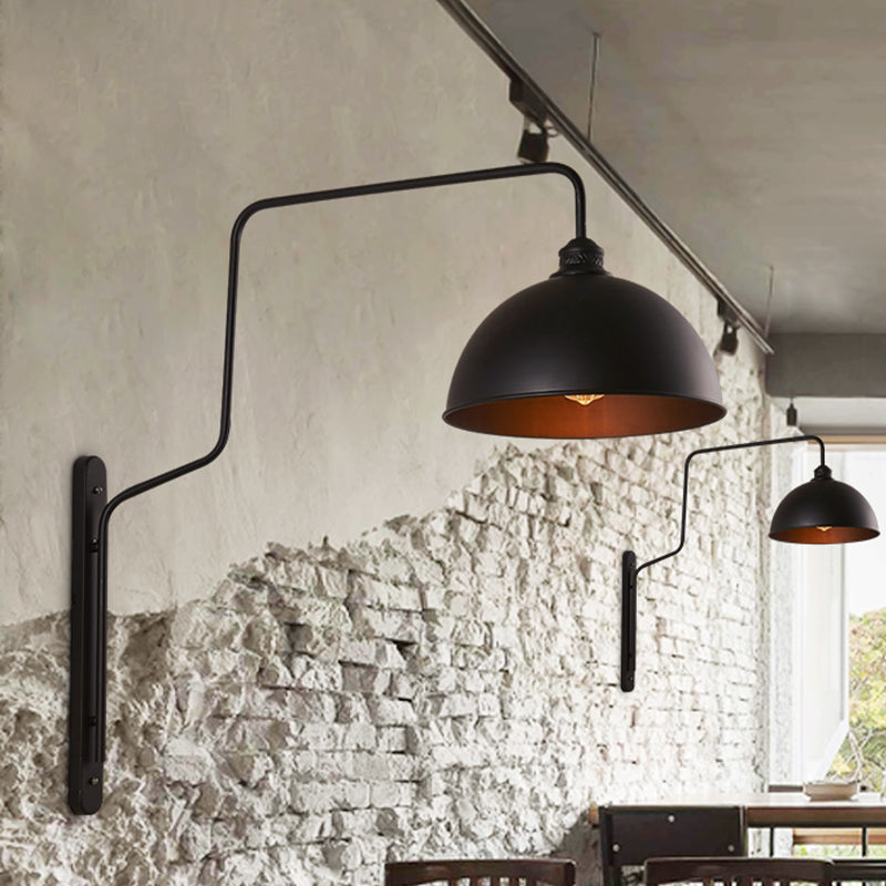 Luz de pared en forma de tazón de 1 cabeza de pared vintage Black Finish Metal Lighting con brazo curvo para restaurante