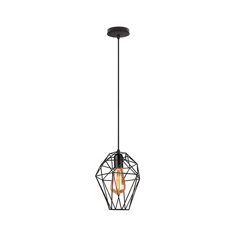 1 Head Wire Cage Ceiling Pendant Light Industrial Black Metallic Ceiling Fixture with Geometric Shade