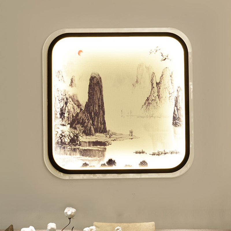 Mountain à motifs de lampe murale carrée tissu de style chinois Gris / bleu LED MOUR MOUR MOUR LEIL POUR LE SAL