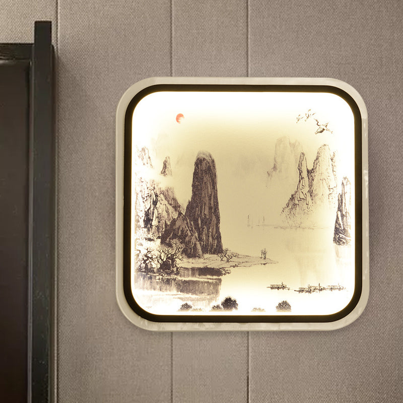 Mountain à motifs de lampe murale carrée tissu de style chinois Gris / bleu LED MOUR MOUR MOUR LEIL POUR LE SAL