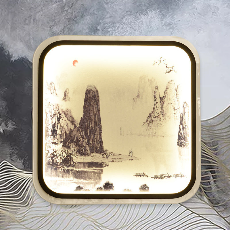 Mountain à motifs de lampe murale carrée tissu de style chinois Gris / bleu LED MOUR MOUR MOUR LEIL POUR LE SAL