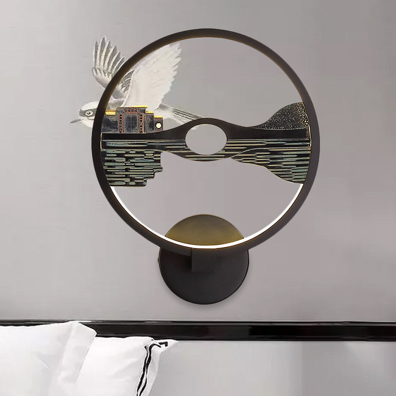 Réflexion du lac Résine LED Mural lampe asiatique Scronce de lumière murale noire pour chambre d'hôtes
