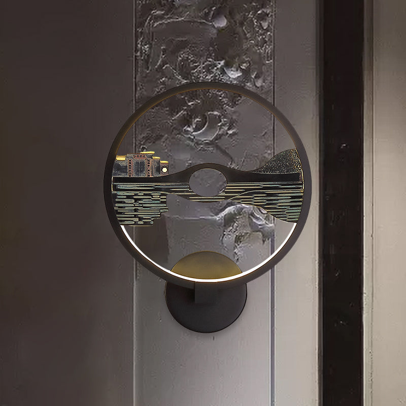 Réflexion du lac Résine LED Mural lampe asiatique Scronce de lumière murale noire pour chambre d'hôtes