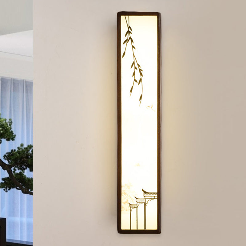 Acrylic Rectangle Mural Light Flush Mount Asian Brown LED Wall Light Sconce with Bamboo and House Pattern