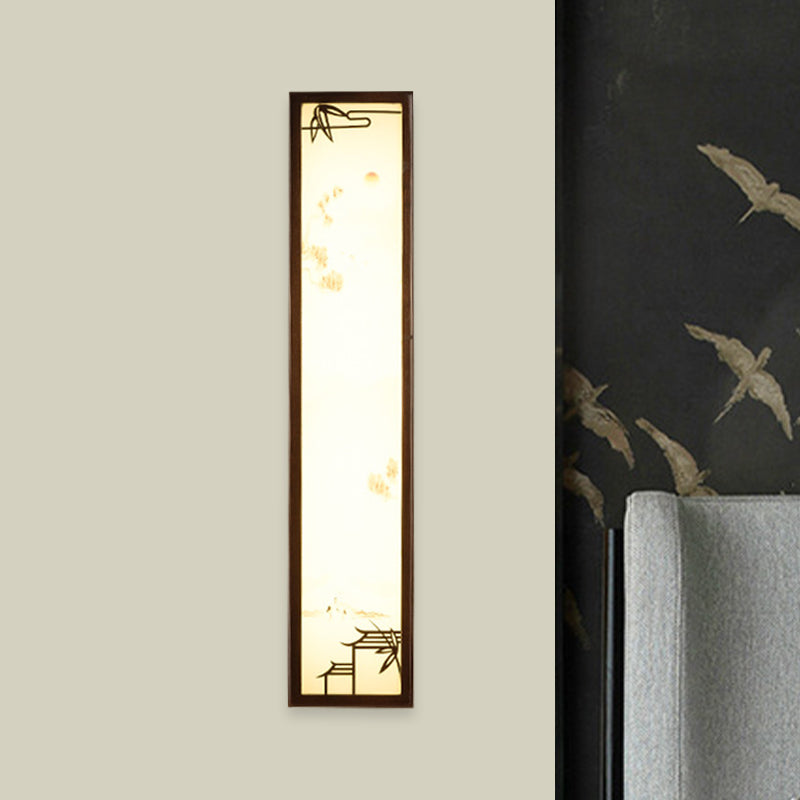 Acrylic Rectangle Mural Light Flush Mount Asian Brown LED Wall Light Sconce with Bamboo and House Pattern