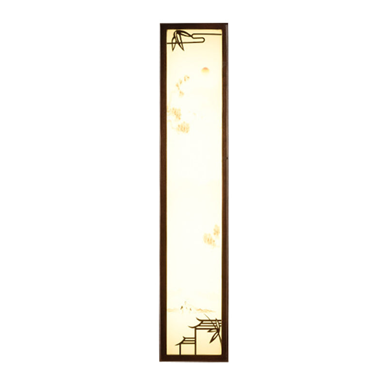 Acrylic Rectangle Mural Light Flush Mount Asian Brown LED Wall Light Sconce with Bamboo and House Pattern