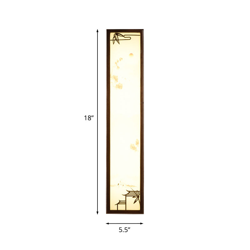 Acrylic Rectangle Mural Light Flush Mount Asian Brown LED Wall Light Sconce with Bamboo and House Pattern