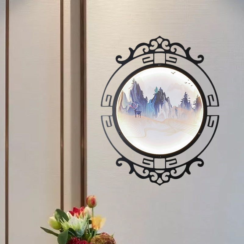 Elk and Mountain Study Room Mural Lampe Metal Asian LED Wall Lightture avec cadre de défilement en noir