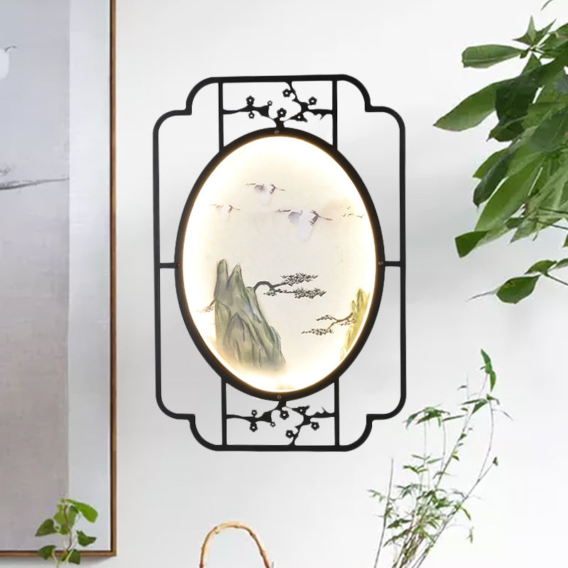 Fabric Halcyon LED Mural Light Asian Black Sconce Lighting Fixture with Rectangle Frame