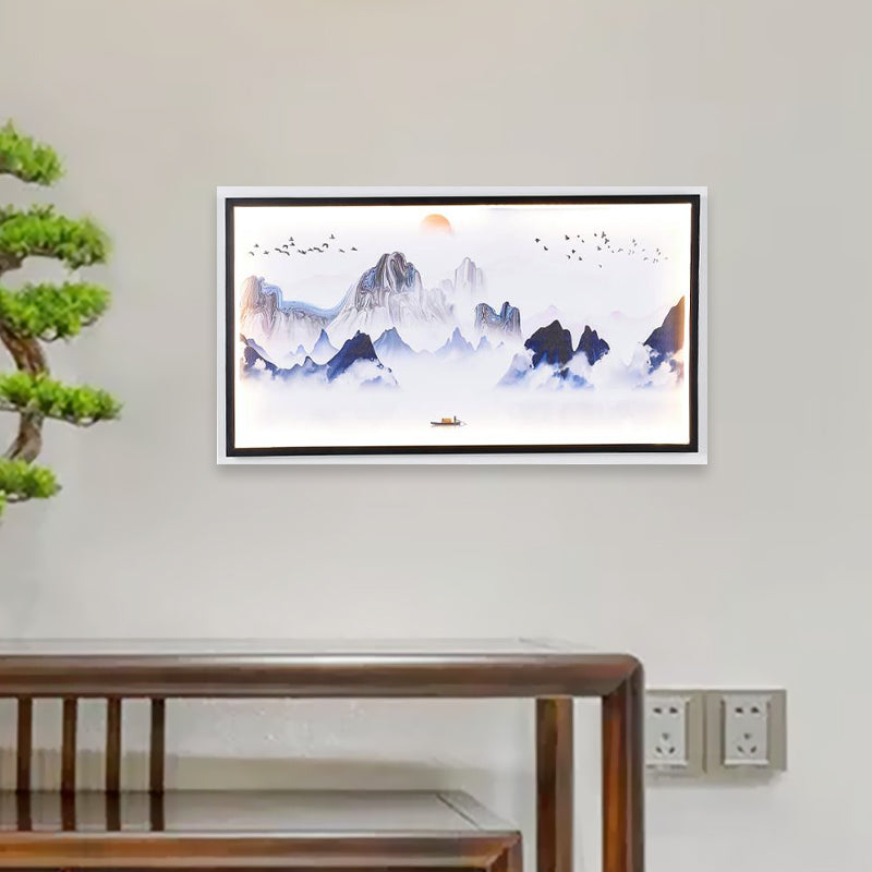 Montagnes bleues à motifs muraux légers asiatiques en tissu à LED Asie Moutien mural pour le salon