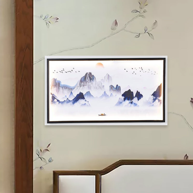 Montagnes bleues à motifs muraux légers asiatiques en tissu à LED Asie Moutien mural pour le salon