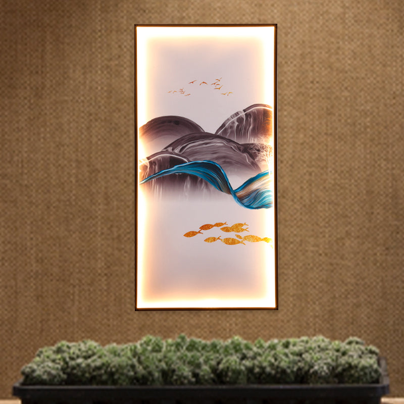 Murale rectangulaire Murale Lumière Asie Fabric Sicarie à LED avec motif de poisson / wapiti, bleu