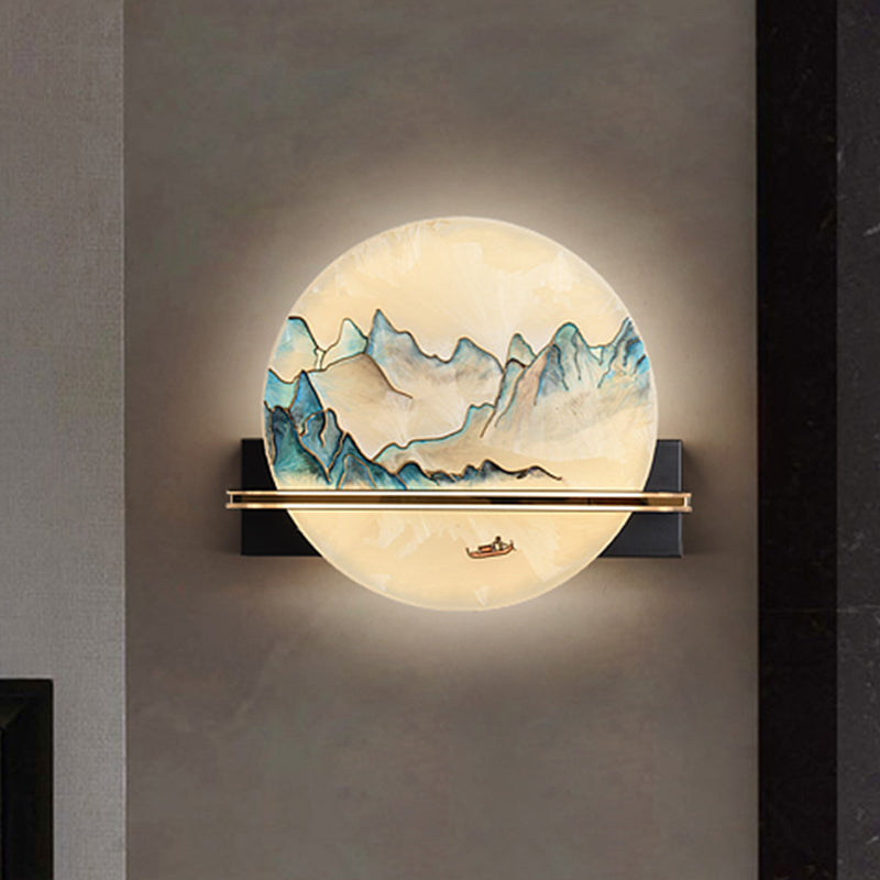 Blue and White Hills Painting Mural Light Chinese Metal LED Flush Wall Sconce for Bedside