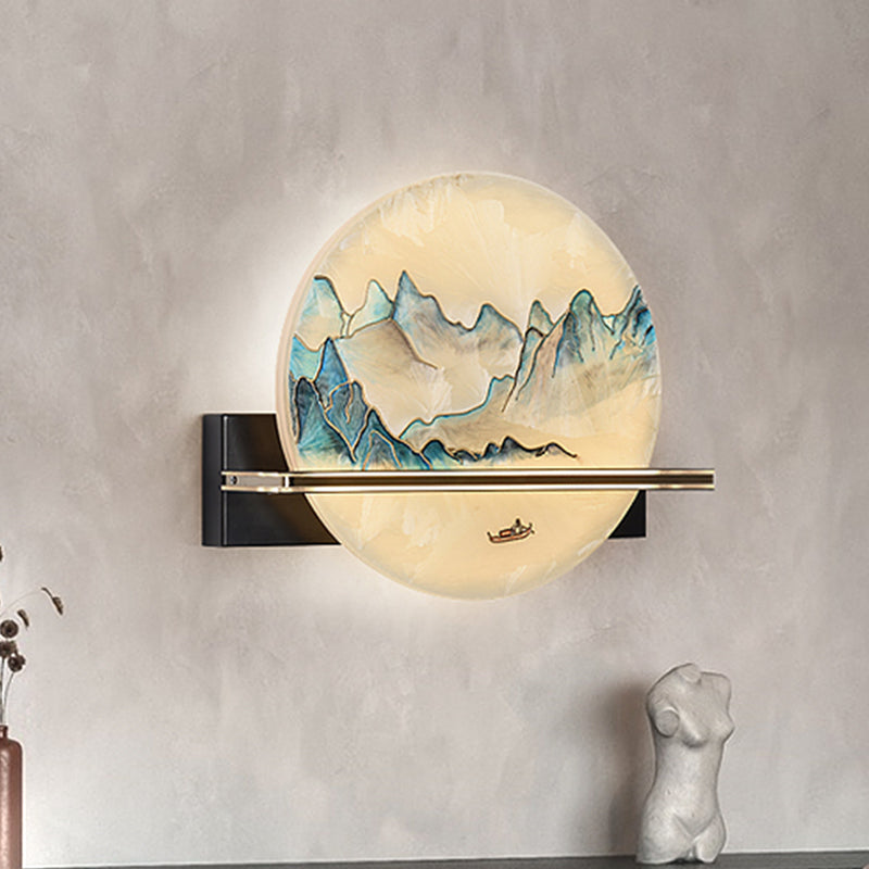 Blue and White Hills Painting Mural Light Chinese Metal LED Flush Wall Sconce for Bedside
