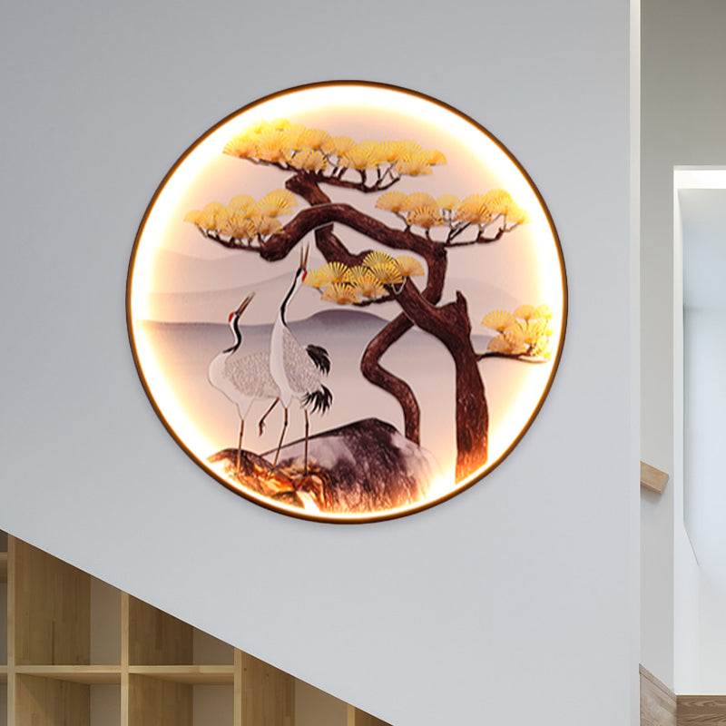 Asia LED Mural Light Black Halcyon and Pine Tree/Bird and Mountain Painting Wall Lighting Ideas with Fabric Shade