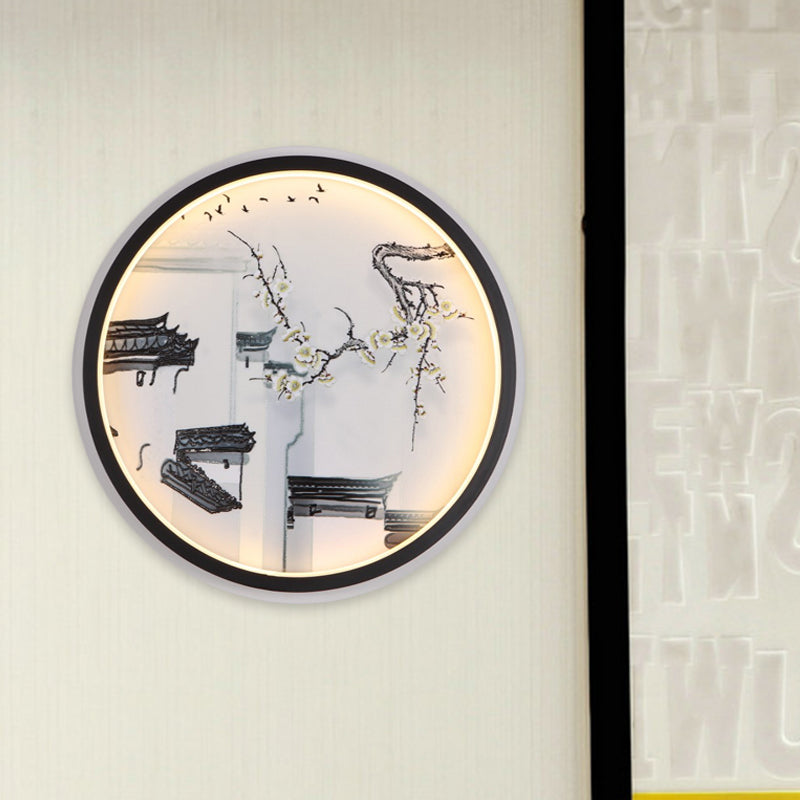 Black-White Ancient Houses Mural Light Chinois LED Tissu LED TAUSE MUR LEUR POUR SOIR