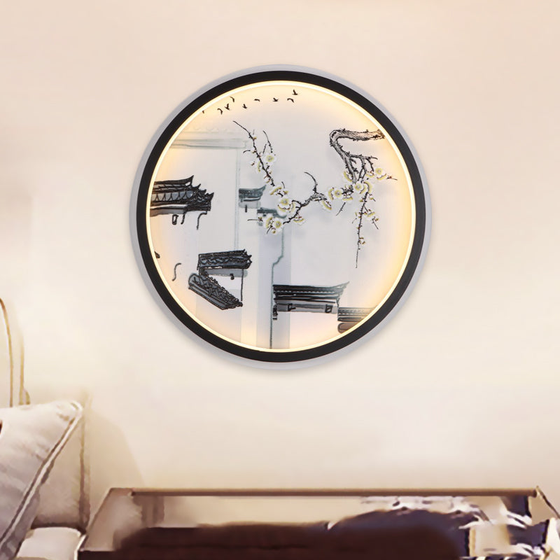 Black-White Ancient Houses Mural Light Chinois LED Tissu LED TAUSE MUR LEUR POUR SOIR