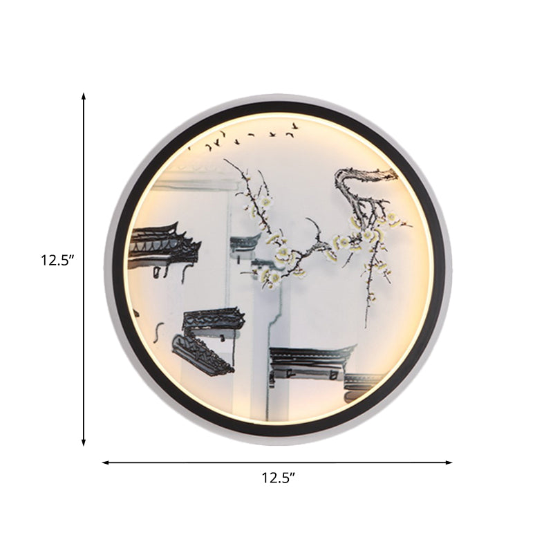 Black-White Ancient Houses Mural Light Chinois LED Tissu LED TAUSE MUR LEUR POUR SOIR