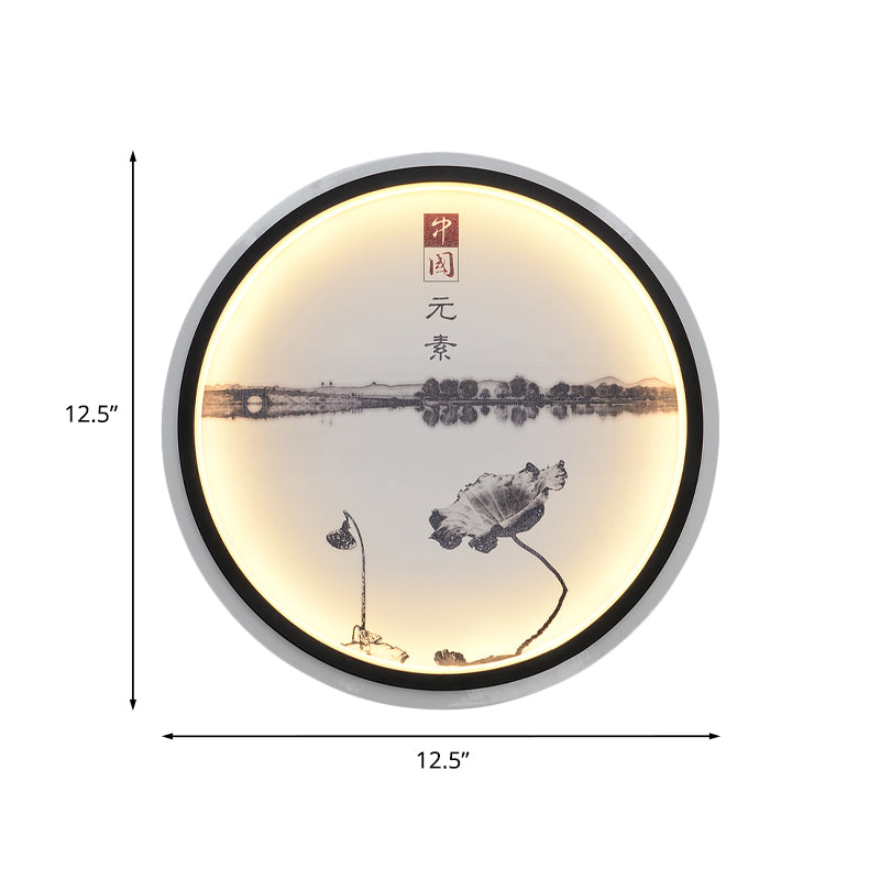 Lotus Lake Tearoom Led Wall Lamp Fabric Fabric Chinese stijl Muurschildering Lighting in zwart