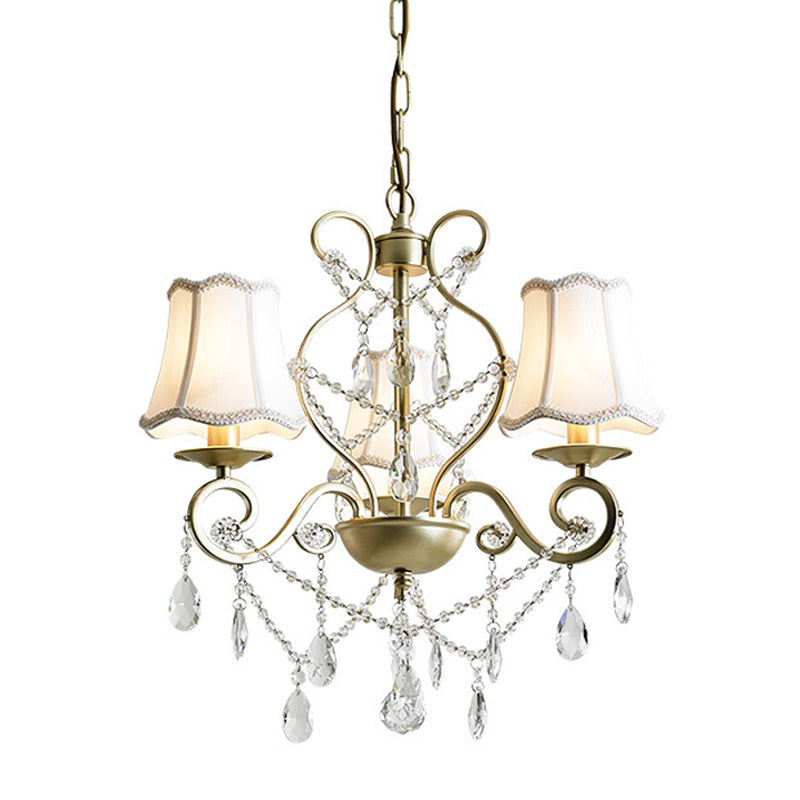 3 Heads Pendant Chandelier with Empire Shade Crystal Raindrop Retro Dining Room Suspended Lighting Fixture in Gold