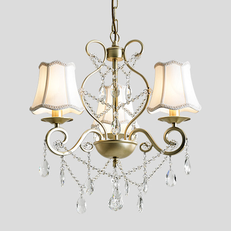 3 Heads Pendant Chandelier with Empire Shade Crystal Raindrop Retro Dining Room Suspended Lighting Fixture in Gold