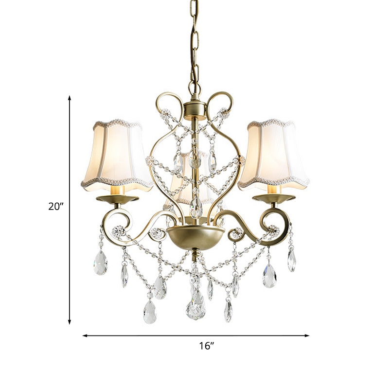 3 Heads Pendant Chandelier with Empire Shade Crystal Raindrop Retro Dining Room Suspended Lighting Fixture in Gold