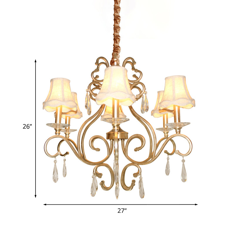 Fabric Shade Crystal Teardrop Chandelier Traditional 6-Bulb Hallway Ceiling Light in Gold