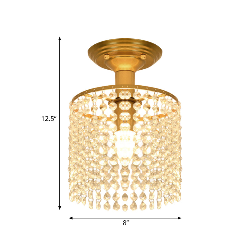 Cylindrical Crystal Strand Semi Flush Lamp Simple 1-Light Gold Finish Close to Ceiling Lighting