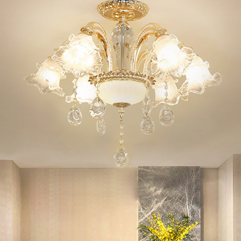 Hand-Cut K9 Crystal Flower Semi Flush Mid Century 6 Lights Bedroom Flush Ceiling Light Fixture in Gold