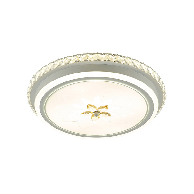 White Finish Round Ceiling Mounted Fixture Simplicity LED Metal Flush Lighting with Flower Crystal Decor