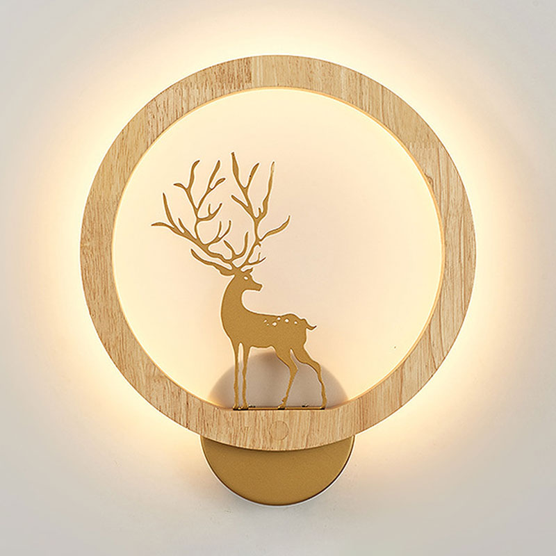 Ring Halo de madera Iluminación mural contemporánea Black/Beige Led Wall Donce con silueta de ciervos sika