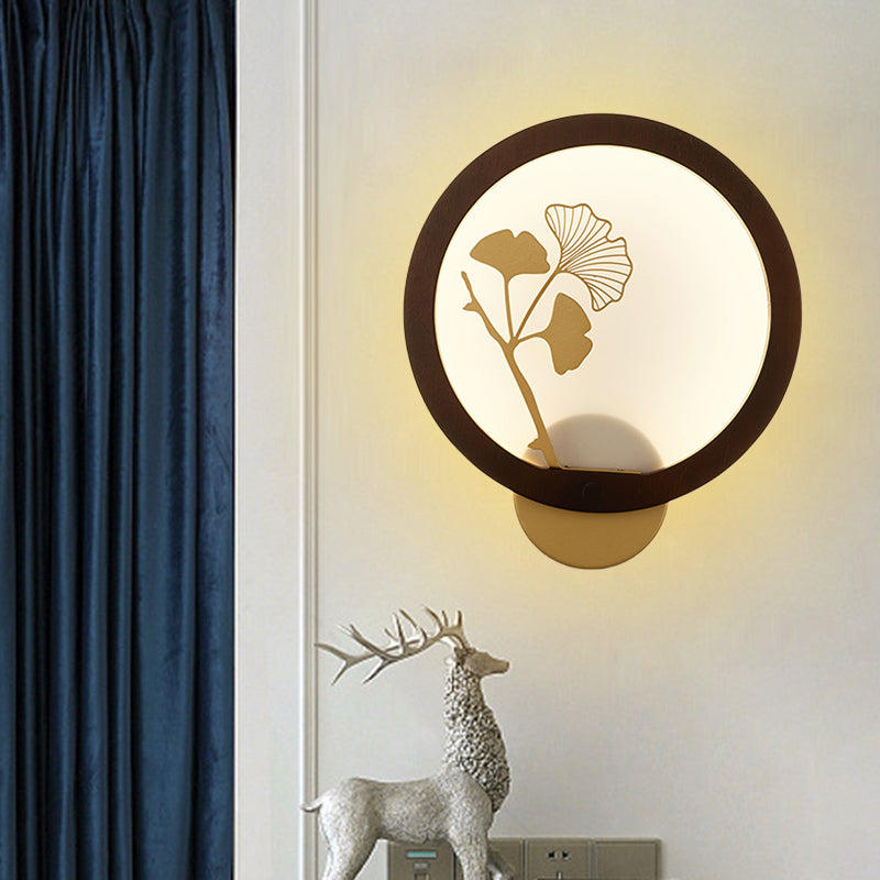 Aziatische stijl Ginkgo Biloba Led Mural Light Wood Family Room Wandverlichting in zwart/beige
